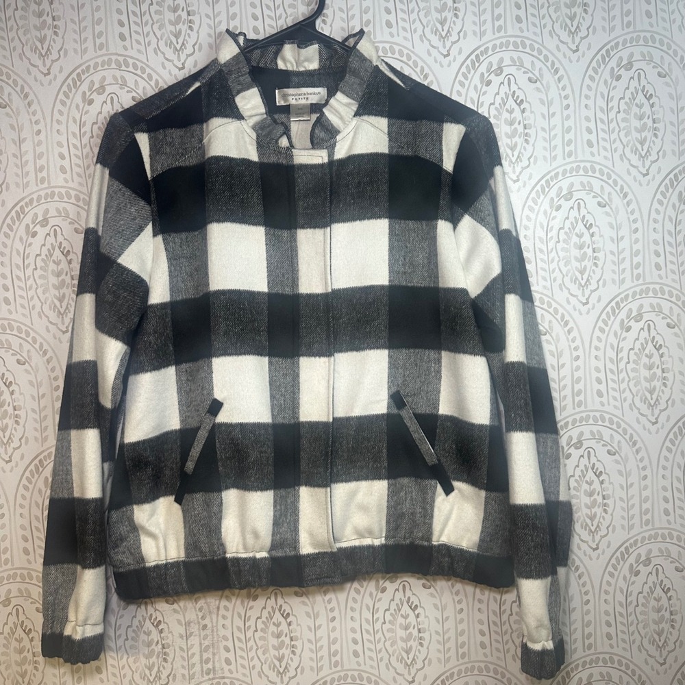 Christopher & Banks Petite S Plaid Bomber Jacket Black White Zip Front Collar